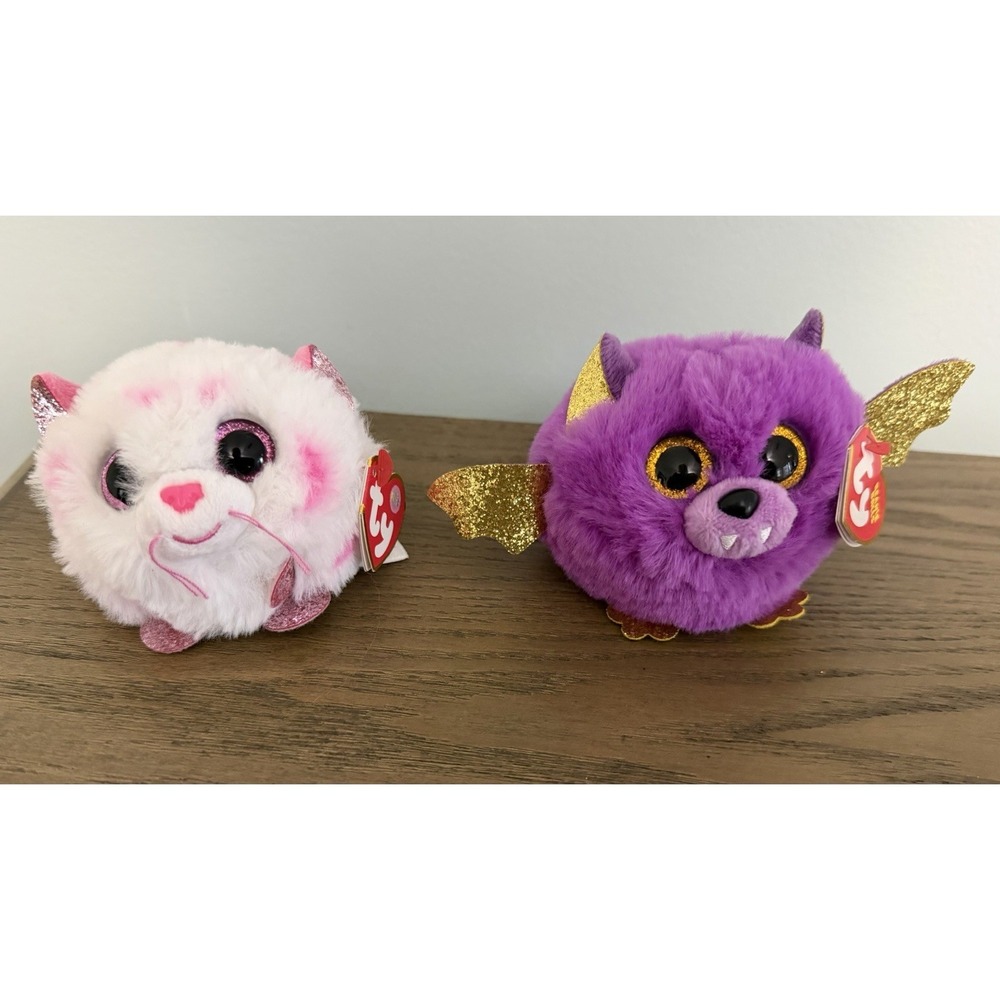 TY Puffies Tabor Cat & Hastie Bat Plush Lot Glitter Wings Beanie Balls NWT